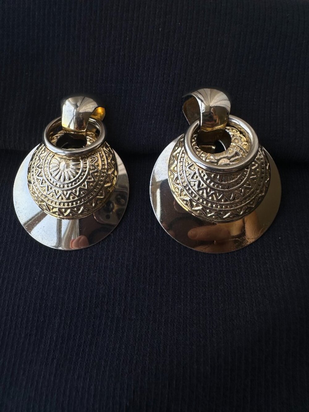 Vintage Two-Tone Silver Gold Statement Clip-On Earrings Oversized Round Boho